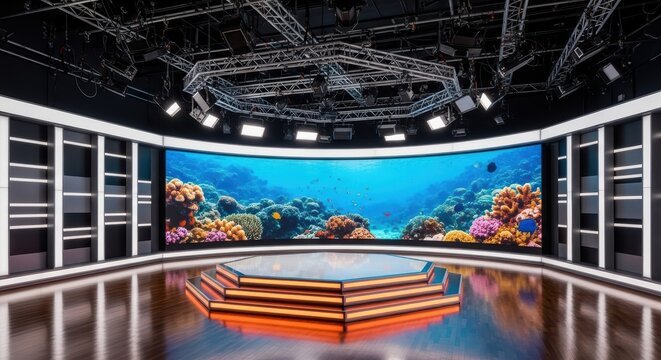 Futuristic television studio with a central octagonal stage and a sweeping curved LED screen displaying a vibrant underwater coral reef, perfect for immersive broadcasts.