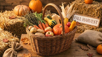 Autumn harvest basket with pumpkins and fresh vegetables on a rustic farm table, organic seasonal food concept for Thanksgiving and healthy lifestyle branding marketing