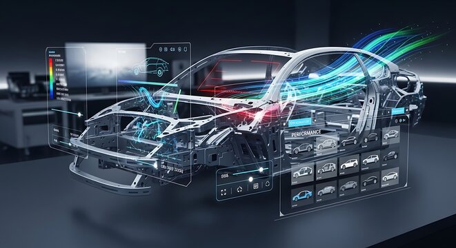 A futuristic car with transparent body and glowing blue lines is displayed on a table in a dark room with technology and machinery.