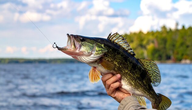 A freshwater fish, held by a hand, is hooked in the mouth, with a hook visible. The scene is set on a lake with a blue sky