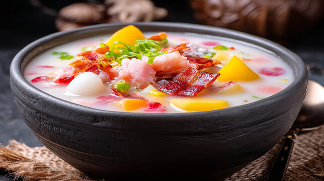 Delicious seafood chowder with shrimp bacon and potatoes in a rustic ceramic bowl, comfort food