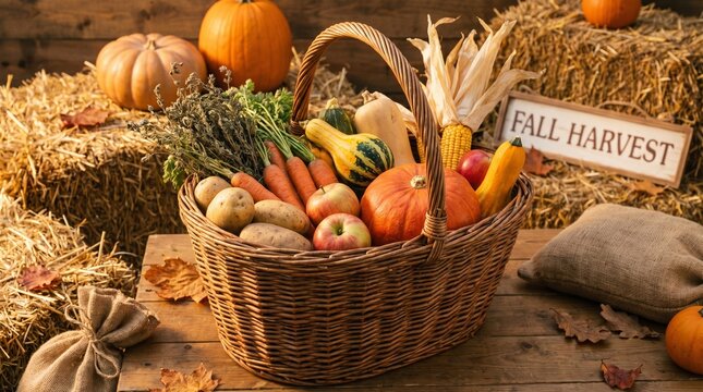 Autumn harvest basket with pumpkins and fresh vegetables on a rustic farm table, organic seasonal food concept for Thanksgiving and healthy lifestyle branding marketing