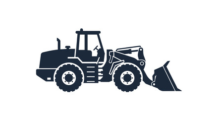 Obraz premium Black silhouette of a heavy duty construction front loader vehicle is shown against a plain white background for logo use.