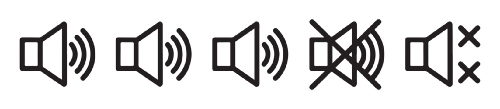 Set of speaker volume icons. sound and mute symbols, speaker with waves, volume up and volume off, no sound sign.