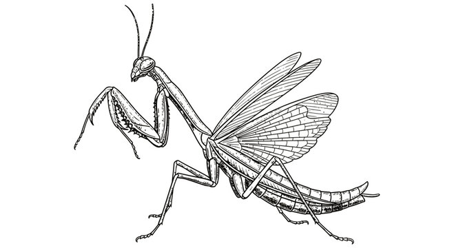 Detailed illustration of a praying mantis showcasing its distinctive body structure and wings