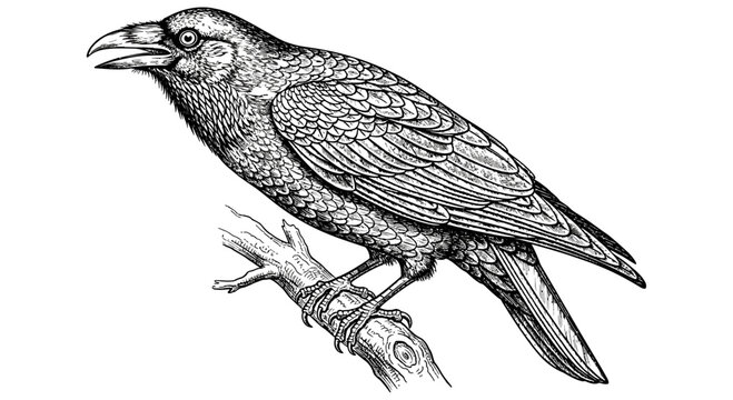 Detailed illustration of a crow perched on a tree branch in profile view