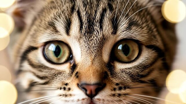 Close-up Portrait of a Tabby Cat Watching with Dilated Pupils at Home