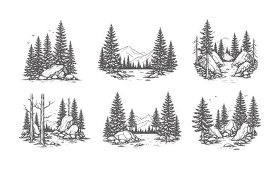 Fototapeta premium Six monochrome linocut style forest and mountain landscape vignettes trees mountains