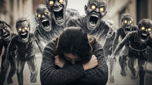 A vulnerable individual experiencing severe anxiety or depression, struggling with the torment of inner demons, symbolizing a challenging mental health struggle