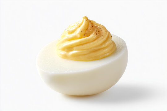 Single deviled egg with creamy yolk filling and paprika sprinkle isolated on a white background. Traditional American appetizer and party snack. Close-up food photography