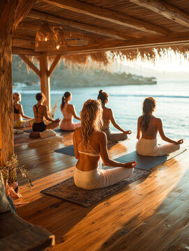 Group of women practicing yoga in a wooden oceanfront shala at sunset. Peaceful meditation session during a wellness retreat with sea view, focusing on mindfulness and harmony
