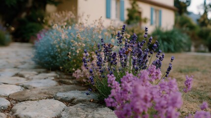 Obraz premium Purple lavender flowers grow near stone walkway