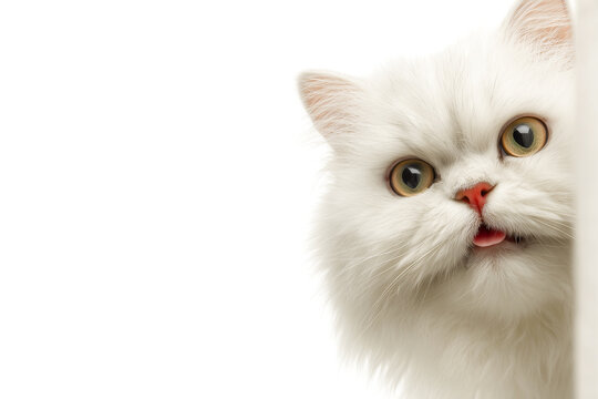 Funny white Persian cat peeking from the corner with its tongue out. Cute fluffy kitten with big yellow eyes isolated on white background. Playful pet and animal copy space