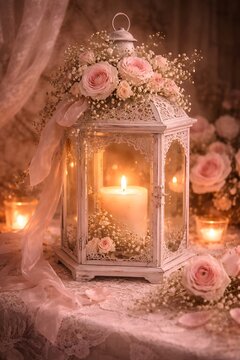 Vintage Laterne mit Kerzenschein und rosa Rosen im Shabby Chic Stil