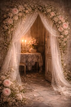 Romantischer Baldachin mit Kerzenlicht und floraler Vintage Dekoration