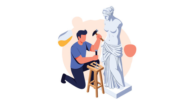 Male artist sculptor using a hammer and chisel to create a classical female marble statue in a professional art studio.
