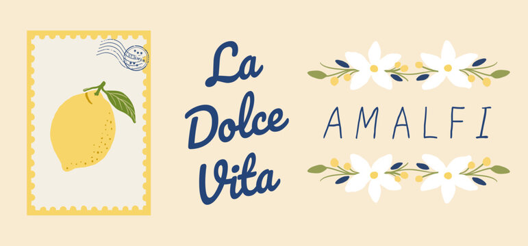 Italian poster elements set, Amalfi lemon design with La Dolce Vita typography