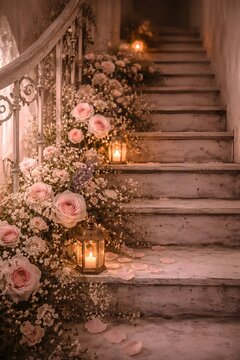 Alte Treppe mit Rosen, Kerzenlicht und romantischer Landhausstimmung
