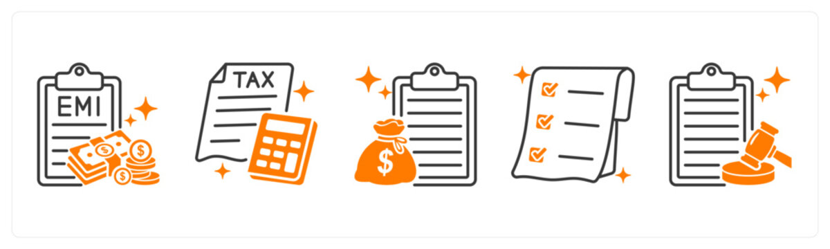 A set of 5 mix icons as emi payment, tax, loan