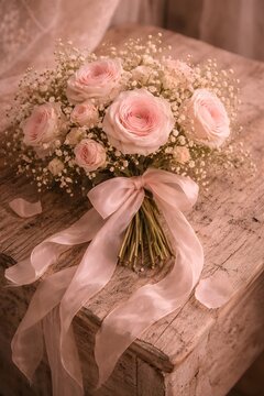 Rosa Rosenstrau&szlig; mit Schleife auf rustikalem Holztisch im Shabby Chic Stil