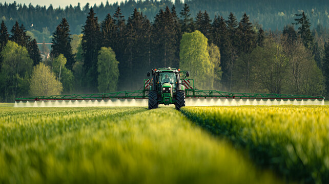 Modern green tractor spraying fertilizer or pesticides on a lush green field at sunset. Agricultural machinery working in the countryside with a forest in the background
