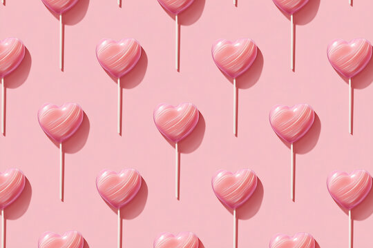 Seamless pattern of pink heart-shaped lollipops on a pastel pink background. Creative concept for Valentine's Day, love, and sweet treats with hard shadows and top view