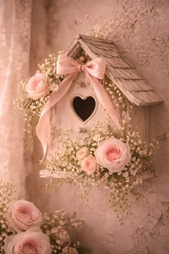 Romantisches Vogelhaus mit Herz&ouml;ffnung, rosa Schleife, Rosen und Spitzenverzierung.
