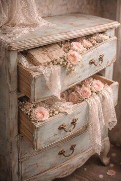 Shabby-Chic Kommode mit Spitzenstoff, rosa Rosen und pastellfarbener Dekoration.