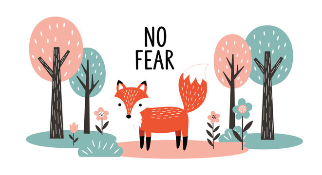Cute cartoon fox standing in colorful forest with pink and blue trees and no fear text for kids decoration.