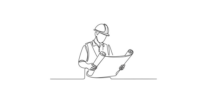 A line drawing of a construction worker in a hard hat looking at blueprints in his hands standing on white background