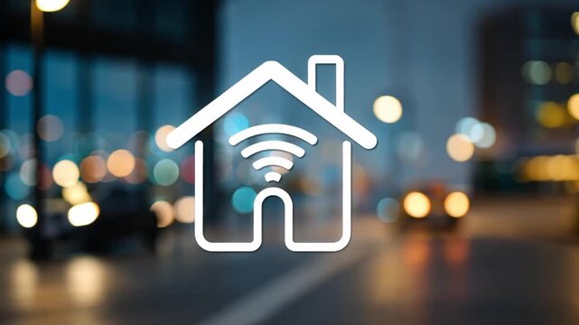 Minimalistic Home Icon Overlay on Urban Night Background