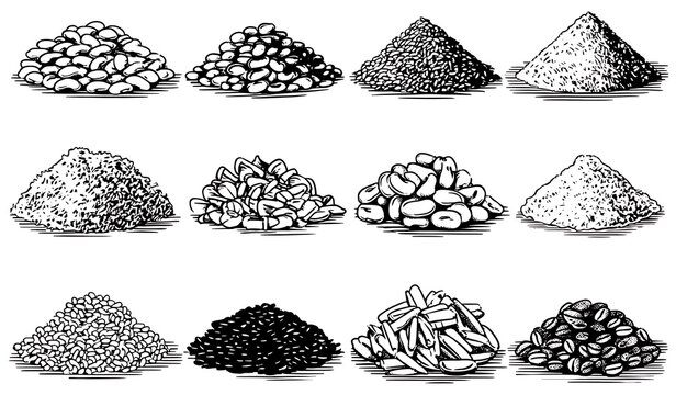 hand-drawn black and white piles of rocks and stones vector illustration set