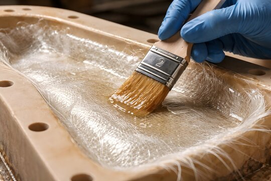 Hand applying resin to fiberglass mold with brush