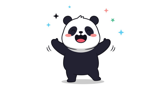 Joyful panda bear jumps with excitement while surrounded by colorful twinkling stars and sparkles in a fun character illustration.