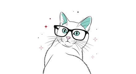 Obraz premium Stylish white cat wearing black glasses with teal accents on ears and eyes surrounded by decorative star sparkles on white.