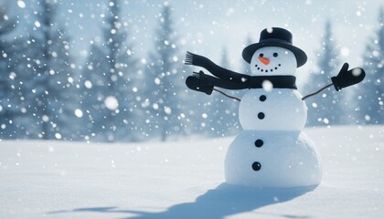 Fototapeta premium Classic snowman wearing black top hat and scarf standing in snowy field during snowfall