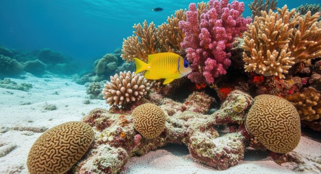 Captivating underwater view of a yellow fish navigating through a richly varied coral reef ecosystem.