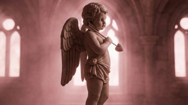 Rose mist cathedral statue depicting cupid in valentine's day with weathered stone texture, heart tipped arrow, solemn profile, and glowing arched windows in a tranquil sacred interior setting