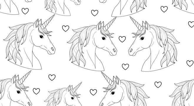 Enchanting seamless pattern of unicorn heads and small heart shapes in a simple black and white line art style.