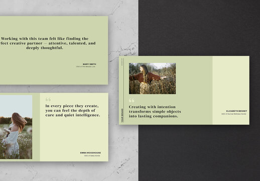 Minimalist Nature Testimonial Presentation Template With Clean Sage Green Layout and Elegant Outdoor Branding Slides