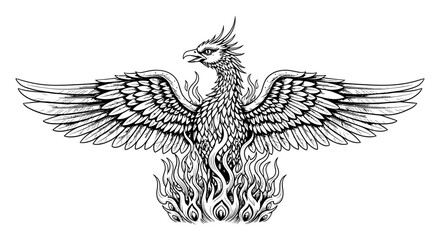 Fototapeta premium Majestic phoenix bird rising from flames with wings spread wide in a powerful symbolic gesture of rebirth and freedom