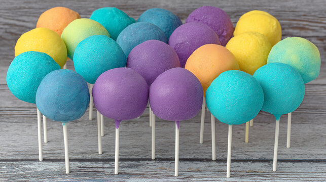 Group of colored cake pops on sticks standing on wooden table with cakepops colorful celebration