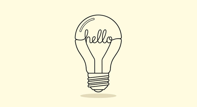 Creative line art illustration showing a light bulb with the word Hello formed by its filament wire on beige.