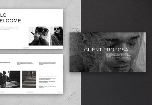 Client Proposal Template With Modern Black And White Fashion Layout and Professional Creative Branding Slides