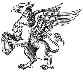 Fototapeta premium Griffin creature with lion body and eagle wings holds a mask