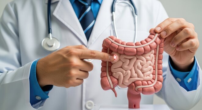 A medical professional explains human intestinal disease, pointing to a colon health problem on an anatomical model for diagnosis or patient education, gastroenterology concept