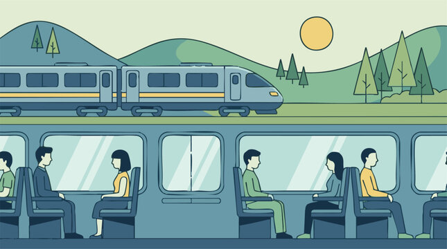 Modern train traveling through a scenic green landscape with passengers inside