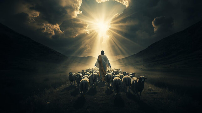Jesus Leading Sheep Toward Divine Light Dramatic Biblical Salvation Concept