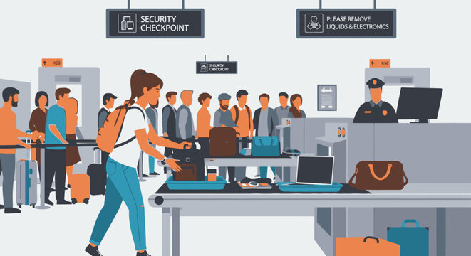 People undergo security screening at airport checkpoint travel illustration
