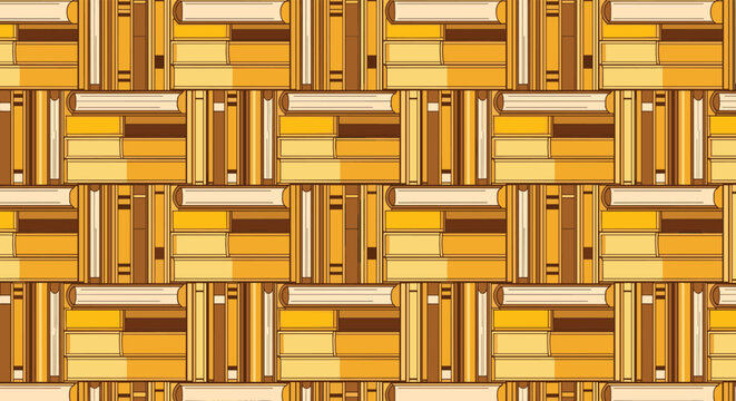 Seamless pattern of stylized books stacked in various orientations with a warm yellow and brown color palette for library or education themes.